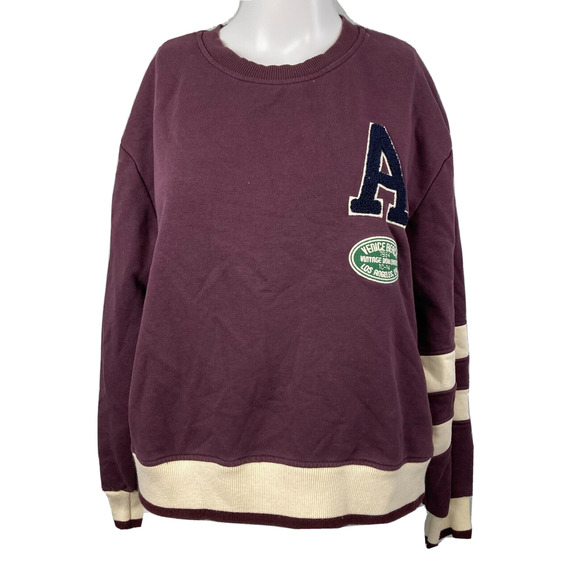 Zara Sweatshirt Womens Sz S Plum Cotton Ivory Stripes Letterman‎ A Varsity - Picture 1 of 8
